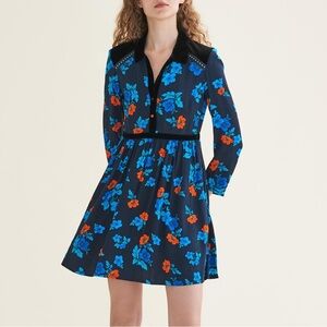 Maje Navy Floral Long-Sleeve Fit & Flare Dress with Blue and Orange Blooms